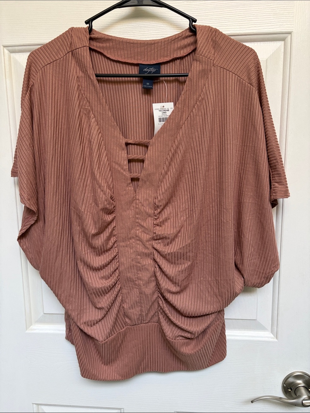Dolfin Ribbed Dusty Mauve V-Neck Ruched Dolman Top
